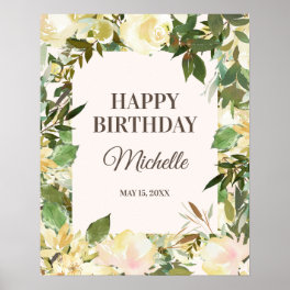 Elegant White Floral Leaves Happy Birthday Party Poster