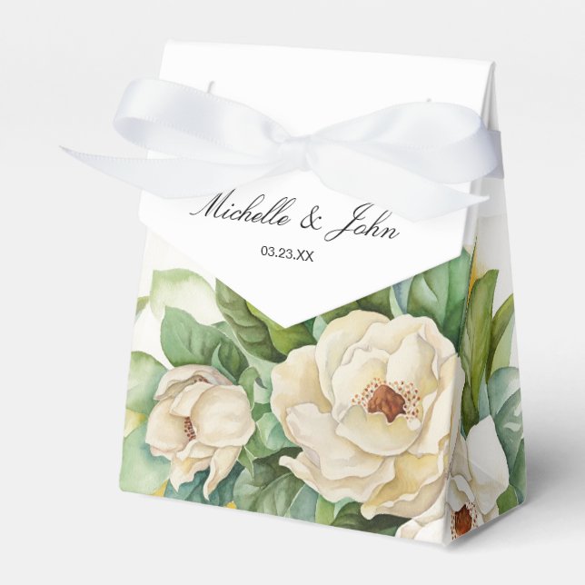 Elegant White Floral Magnolia Name Script Favor Boxes (Front Side)