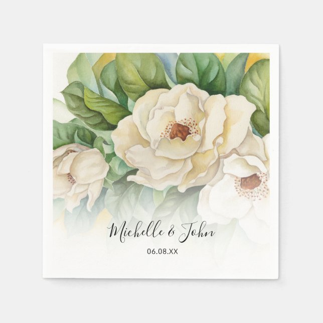 Elegant White Floral Magnolia Name Script Wedding Napkins (Front)