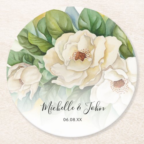 Elegant White Floral Magnolia Names Script Wedding Round Paper Coaster