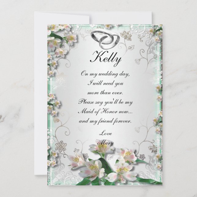 Elegant White Floral Maid Of Honor Card (Front)