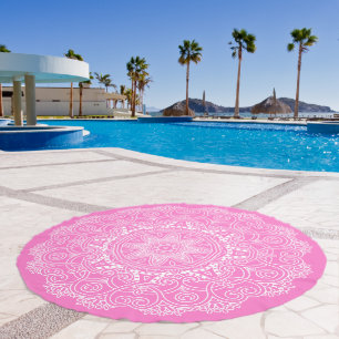 Elegant White Floral Mandala Pattern On Hot Pink Beach Towel