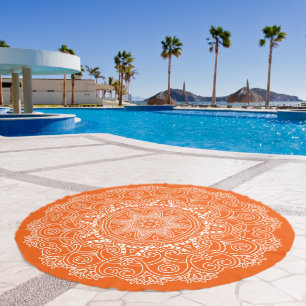 Elegant White Floral Mandala Pattern Sunny Orange Beach Towel