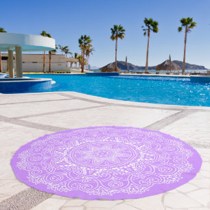 Elegant White Floral Mandala Pattern Violet Purple Beach Towel