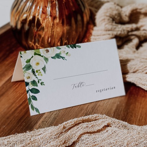 Elegant White Floral Meal Option Folded Wedding Place Card