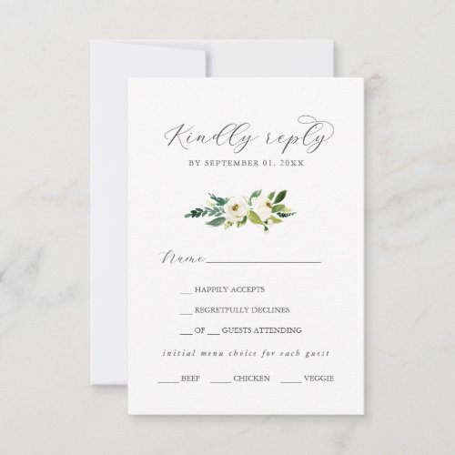 Elegant White Floral Menu Choice RSVP Card