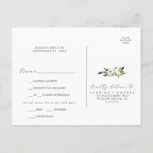 Elegant White Floral Menu Choice RSVP Postcard