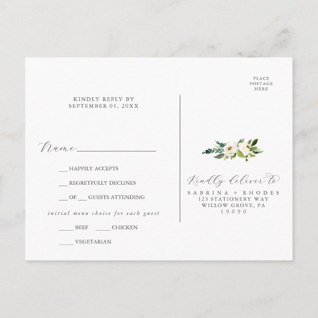 Elegant White Floral Menu Choice RSVP Postcard (Back)