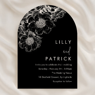 Elegant White Floral Modern Black Wedding Invitation