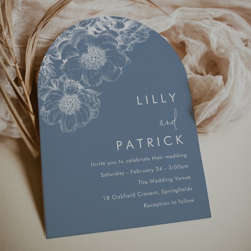 Elegant White Floral Modern Blue Wedding Invitation