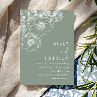 Elegant White Floral Modern Sage Green Wedding Invitation
