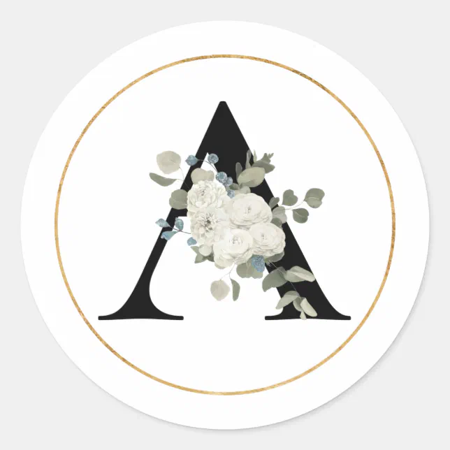 Elegant White Floral Monogram Letter A on White Classic Round Sticker
