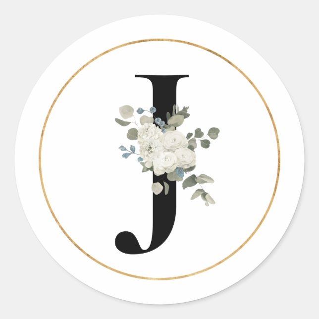 Elegant White Floral Monogram Letter J on White  Classic Round Sticker (Front)