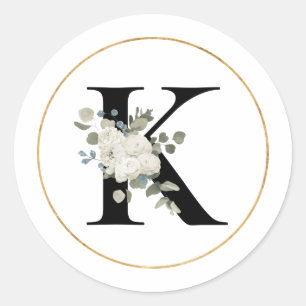 Elegant White Floral Monogram Letter K on White Classic Round Sticker