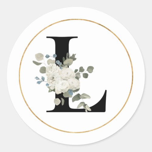 Elegant White Floral Monogram Letter L on White   Classic Round Sticker