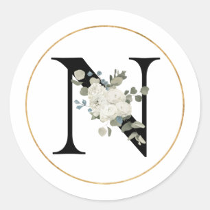 Elegant White Floral Monogram Letter N on White Classic Round Sticker
