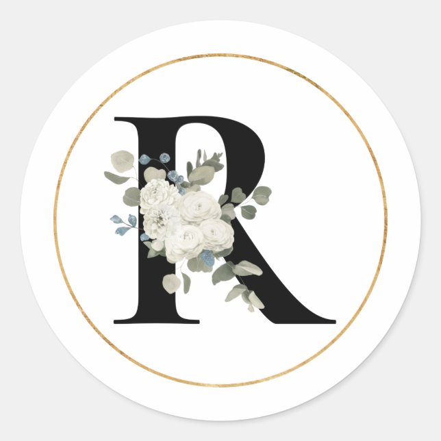 Elegant White Floral Monogram Letter R on White   Classic Round Sticker (Front)
