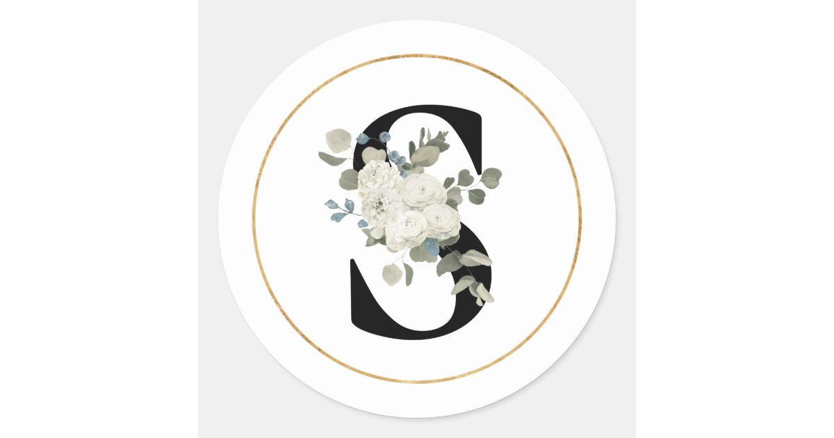 Elegant White Floral Monogram Letter M on White Classic Round Sticker, Zazzle