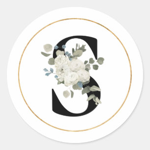 Elegant White Floral Monogram Letter S on White Classic Round Sticker