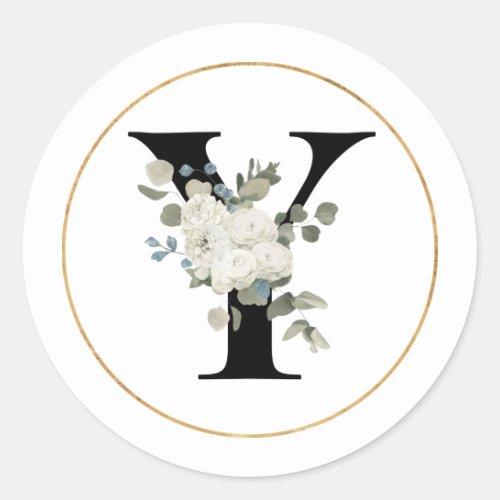 Elegant White Floral Monogram Letter Y on White   Classic Round Sticker