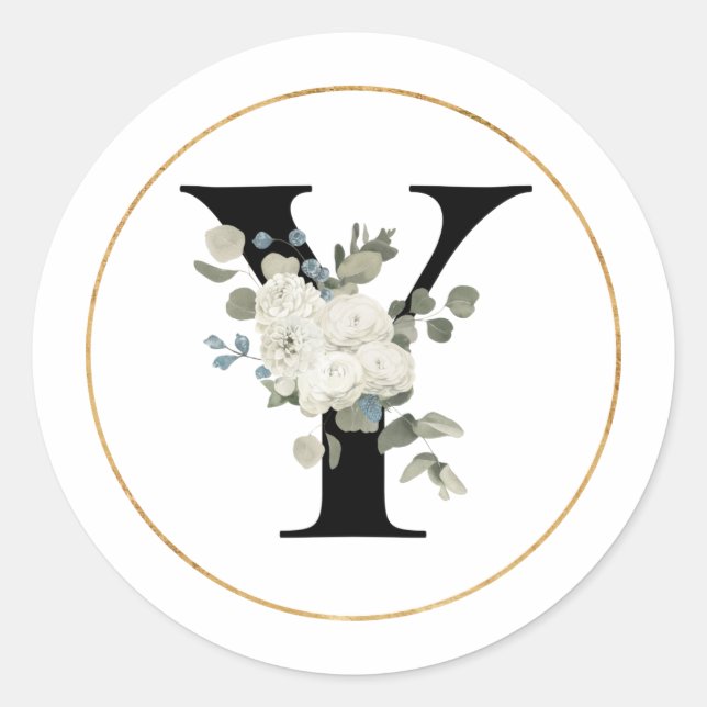 Elegant White Floral Monogram Letter Y on White   Classic Round Sticker (Front)