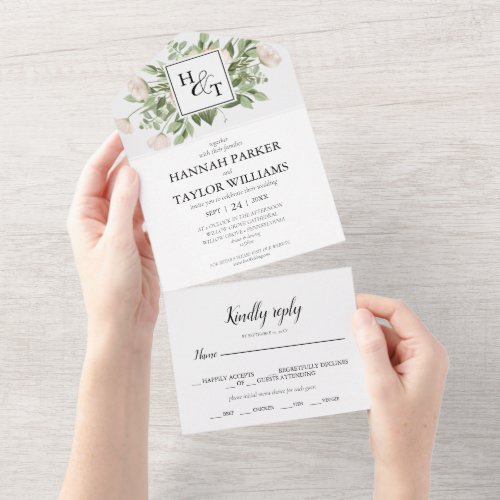 Elegant White Floral Monogram Wedding All In One Invitation