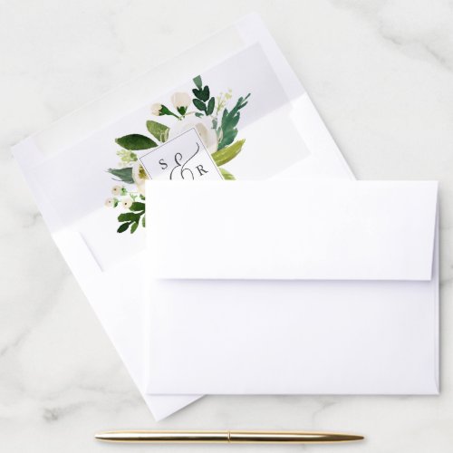 Elegant White Floral Monogram Wedding Envelope Liner