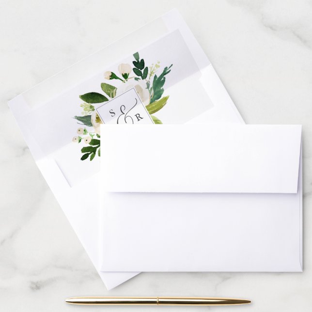 Elegant White Floral Monogram Wedding Envelope Liner (Desk)