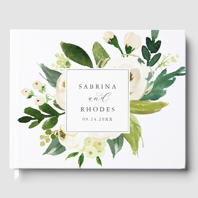 Elegant White Floral Monogram Wedding Guest Book (Front)