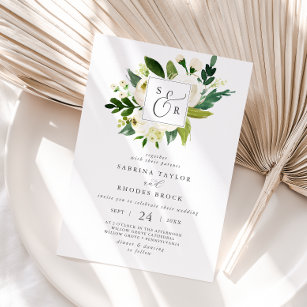 Elegant White Floral Monogram Wedding Invitation