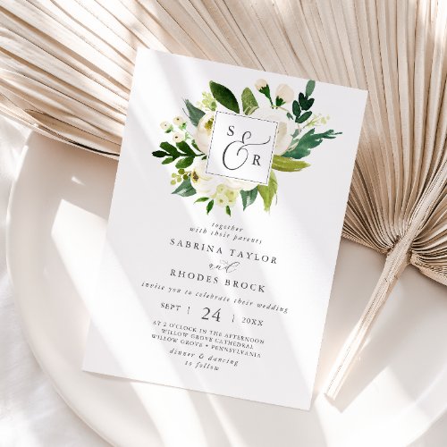 Elegant White Floral Monogram Wedding Invitation
