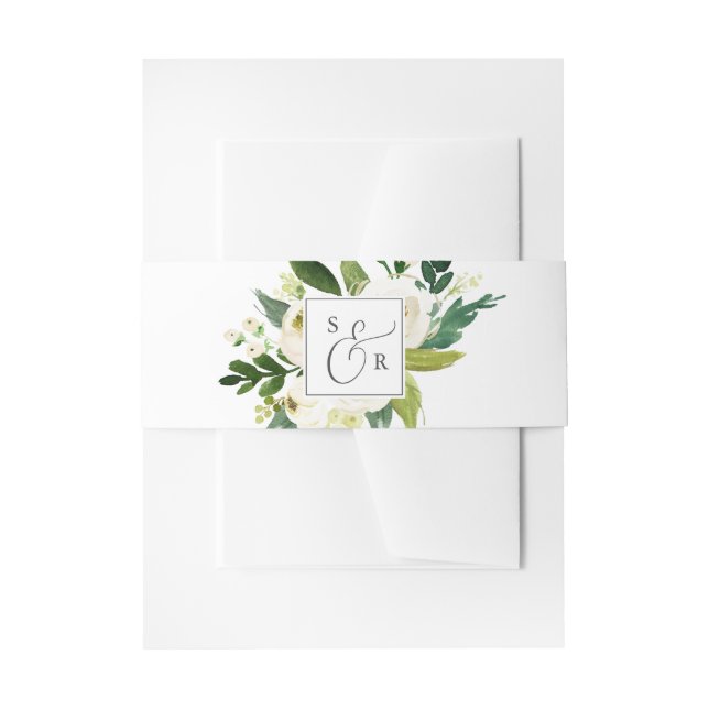 Elegant White Floral Monogrammed Wedding Invitation Belly Band (Front Example)