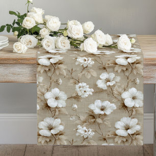 Elegant White Floral Neutral Colors Table Runner
