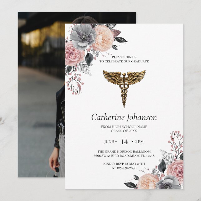 Elegant White Floral Nursing Graduation Invitation (Front/Back)