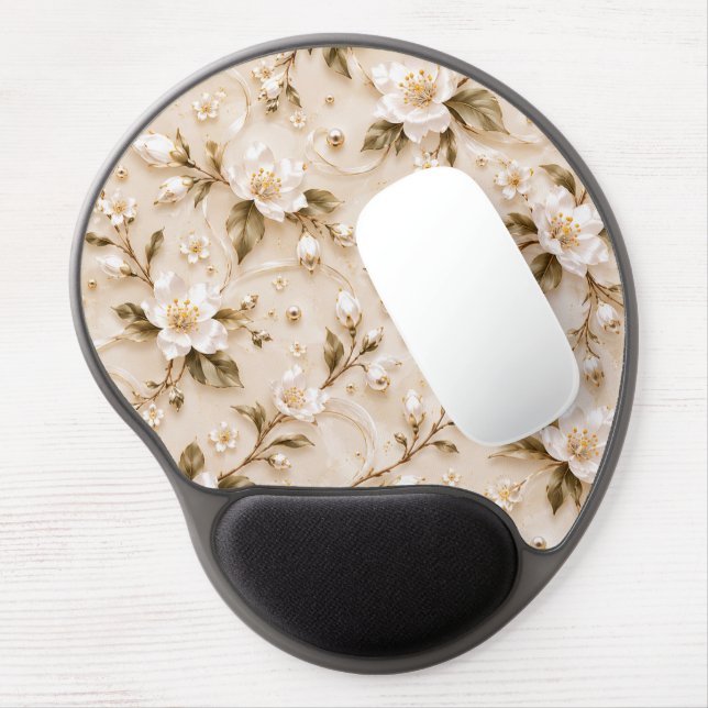 White floral olive gold botanical gel mouse pad