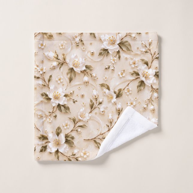 Elegant White Floral Olive Gold Botanical Pattern Wash Cloth