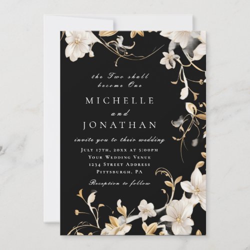 Elegant White Floral on Black Christian Wedding Invitation