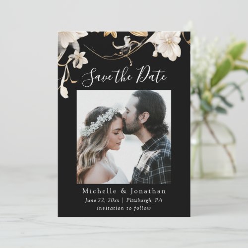 Elegant White Floral on Black Photo Wedding Bible Save The Date