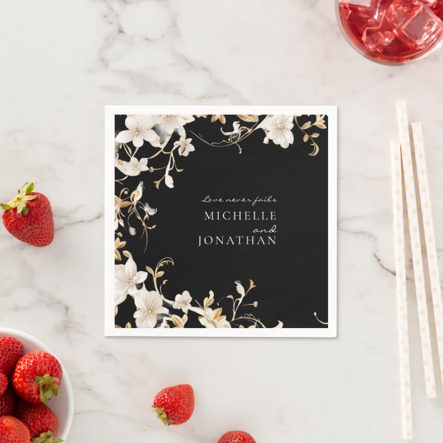 Elegant White Floral on Black Wedding Bible Verse  Napkins (Insitu)