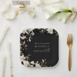 Elegant White Floral on Black Wedding Bible Verse Paper Plates