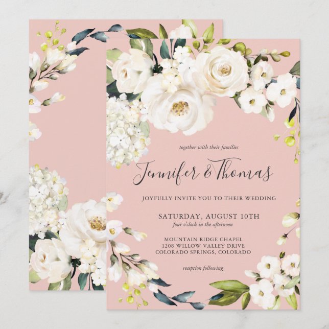 Elegant White Floral on Blush Pink Wedding Invitation (Front/Back)
