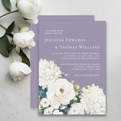 Elegant White Floral on Lavender Wedding Invitation