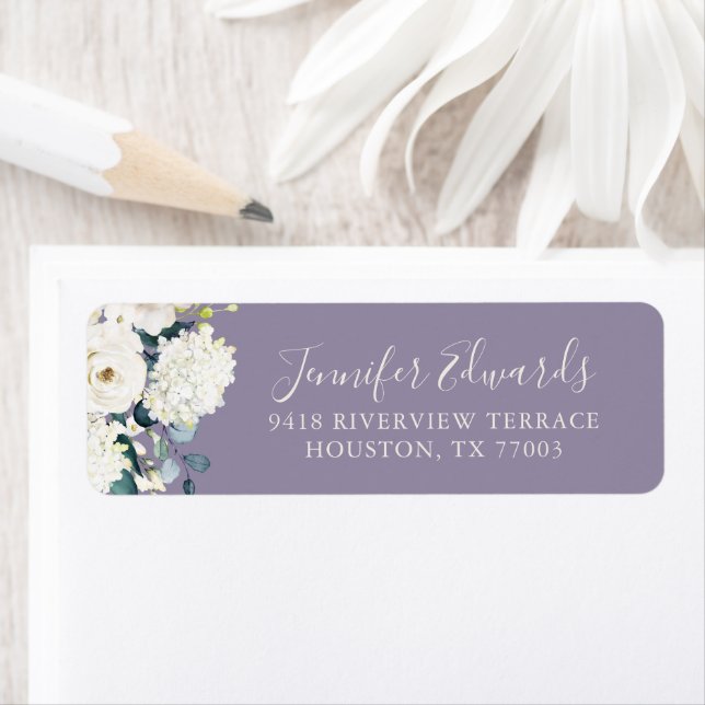 Elegant White Floral on Lavender Wedding Label (Insitu)