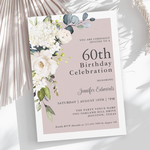 Elegant White Floral on Mauve 60th Birthday Invitation