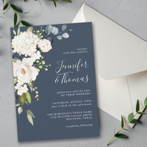 Elegant White Floral on Navy Blue Wedding Invitation
