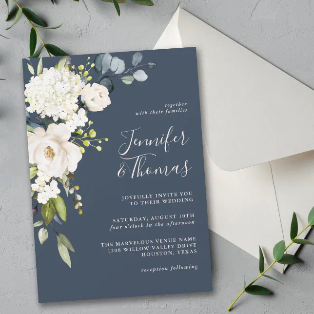 Elegant White Floral on Navy Blue Wedding Invitation | Zazzle