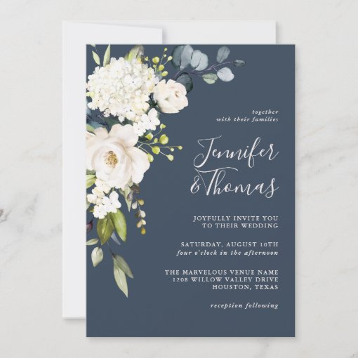 Elegant White Floral on Navy Blue Wedding Invitation | Zazzle