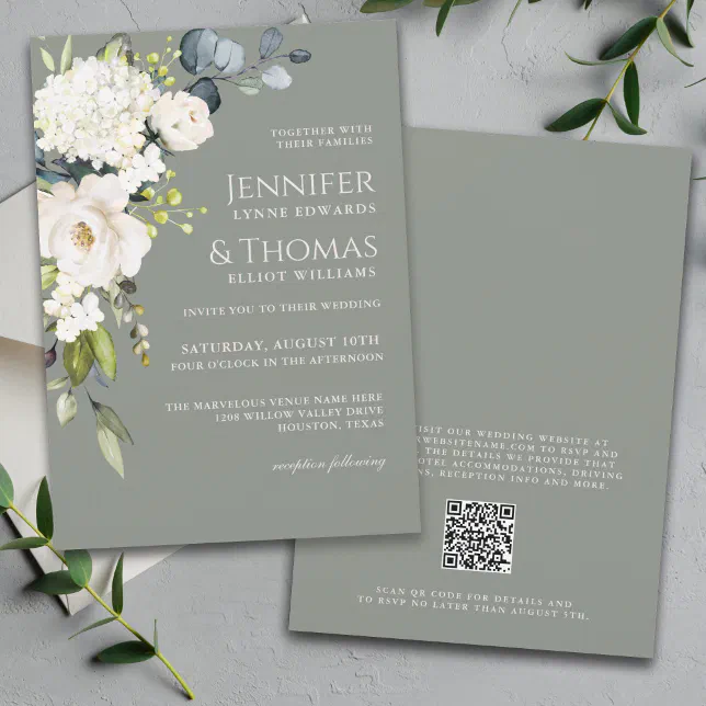 Elegant White Floral on Sage Green Wedding Invitation | Zazzle