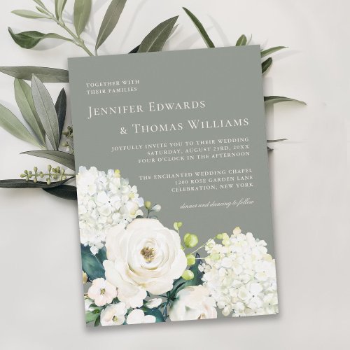 Elegant White Floral on Sage Green Wedding Invitation