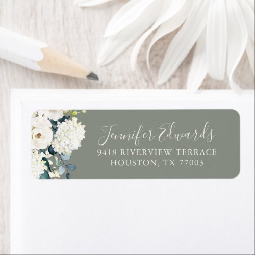 Elegant White Floral on Sage Green Wedding Label